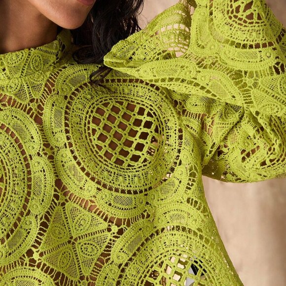 Green Boho Womens Long Sleeve Sheer Hollow Out Flower Inlay Blouse - Picture 5 of 6